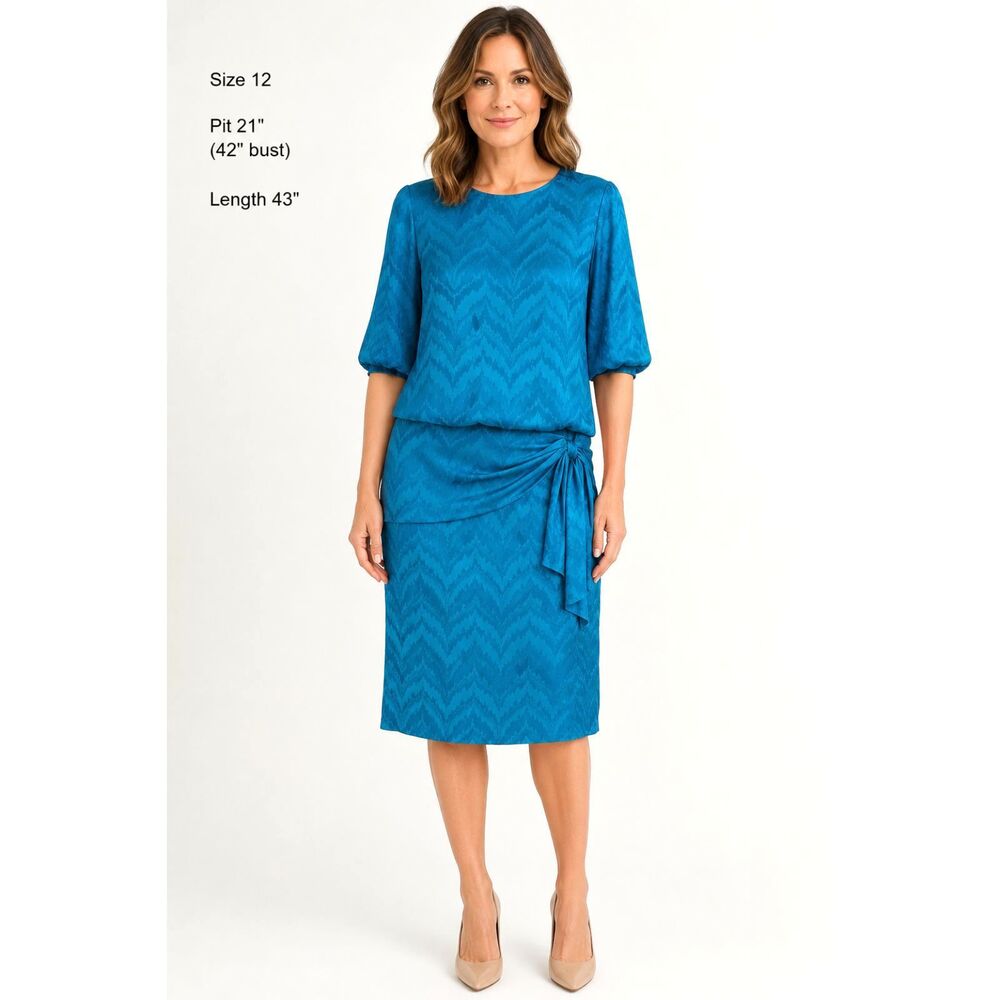 Vintage 80s Argenti 100% Silk Jacquard Dress 12 Teal Ruched Side Knot 43" Midi